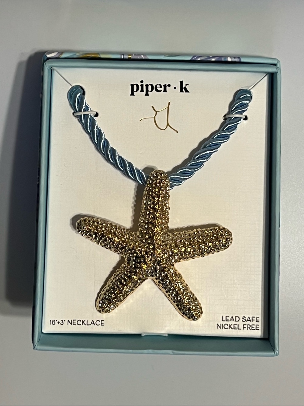 Piper K  Gold Starfish Pendant on Light Blue Cord Necklace NWT